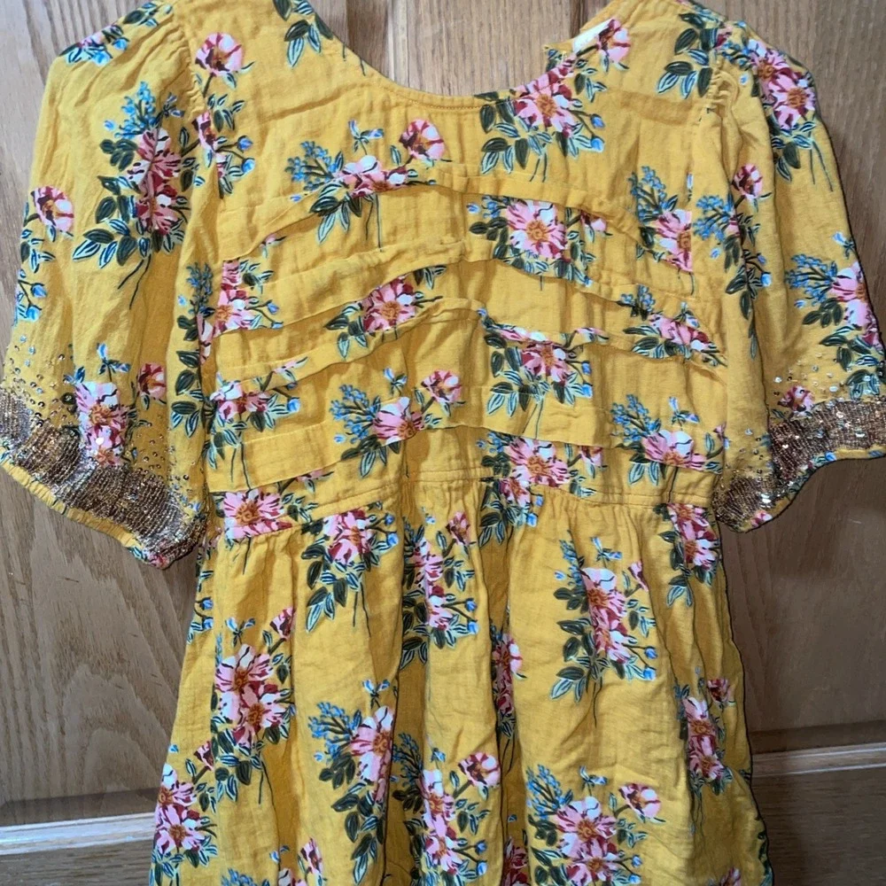 Pink Chicken Girl's Size 12Y Puff Sleeve Beaded Sleeves Floral Pleated
